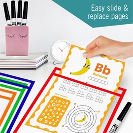 Dry Erase Pockets with Dry Erase Markers, Clear Plastic Paper Sleeves, Plastic Document Sleeve, Assorted Colors, 24-Count, for Classroom Supplies