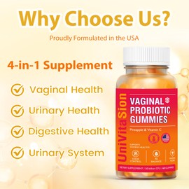 UniVitaSion Vaginal Probiotics Gummies for Women, 50 Billion CFUs - PH Balance, Vaginal odor, Vaginal Flora, Yeast Infection Treatment for Women, Vitamin C for Immune health, Hawaiian Pineapple Flavor