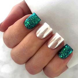 BELSITA Press on Nails Short Square Green & Sliver Fake Nails Glossy Glue on Nails Chrome Glitters Acrylic Nails Aurora Artificial False Nails Shiny Long-Lasting Reusable Stick on Nails | 12Size,24Pcs