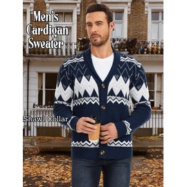 ChiaoLezhee Men's Shawl Collar Cardigan Vintage Geometric Button Down Long Sleeve Knit Knitted Sweater,Navy Blue,Large