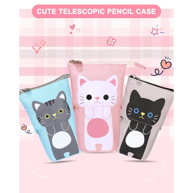 Xespis Pencil Case with Zip, Telescopic Pencil Case, Cat white,