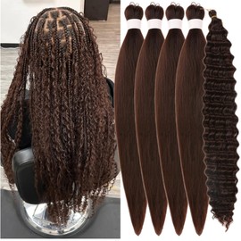Dark Brown Braiding Hair Pre Stretched Color 4 Boho Hair for Braiding ez Braid Non Toxic Synthetic Crochet Boho Braids Deep Wave Curls Knotless Twist