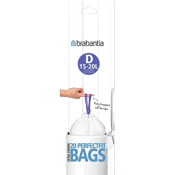Brabantia Bin Liners, 15-20 L-Size D, 20 Bags, Litre, White