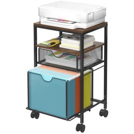BOHDK Rolling File Cart with 2 Storage Drawers, Wood & Mesh Hanging File Folder Organizer with Wheels Under Desk, File Cabinets for Home Office, 14.7" L x 11.8" D x 25.3" H