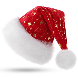 KONVINIT Black Santa Hat for Adults,Fluffy Christmas Hat with Gold Stars,Warm Large Xmas Hat for Men and Women,black