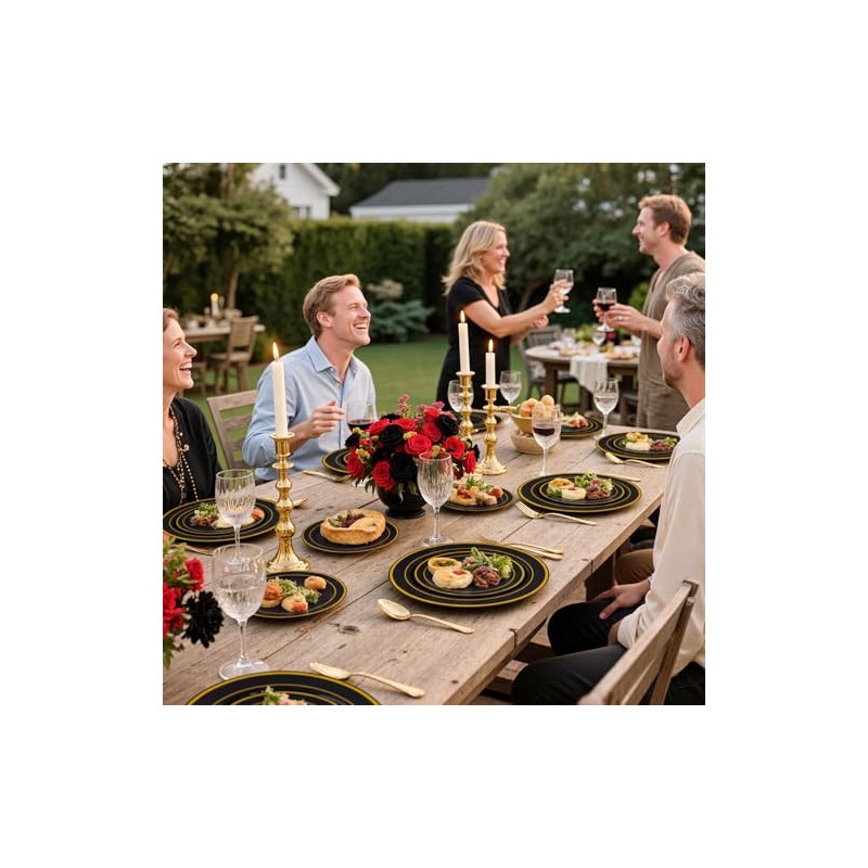 WELLIFE 210PCS Black and Gold Plastic Plates - Plastic Dinnerware