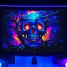 Xiaoput Tapiz de calavera de fuego para recámara, reactivo a los rayos UV, esqueleto, para colgar en la pared, tapices de terror oscuro aterrador que brillan en la oscuridad, para sala de estar,