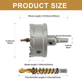 REETAI-FOUR 2-3/4'' TCT Hole Saw Kit Tungsten Carbide Tipped Hole Saw Drill Bit with Titanium-Plated Pilot Drill bit for Metal, Stainless Steel, Iron (70MM)