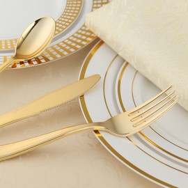 WDF 180 Pieces Disposable Plastic Gold Silverware Cutlery - Disposable Flatware Set 60 Forks, 60 Knives and 60 Spoons - Heavy Duty Gold Plastic Cutlery - Utensils for Party, Wedding