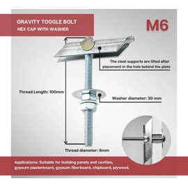 DOJA Industrial | M6 Steel Toggle Dowel | Pack 4 | Tilt Anchor for Attaching Elements to a Hollow Wall or Ceiling | Wall Mount for Attaching Fans