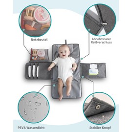 Changing Mat for On the Go, Nappy Bag with Compartments, Pillow and Removable Wet Wipes Organiser, Waterproof Foldable Changing Mat, Washable Nappy Organiser for On the Go, Travel (Star)