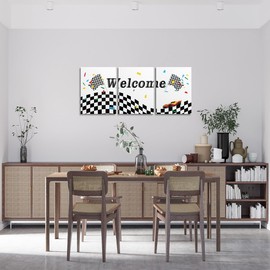 jejeloiu Race Car Canvas Wall Art for Living Room Bedroom Kids Black and White Picture Wall Decor 12" x 16" 3 Piece Speed Sports Car Painting for Room Decor Automobile Theme