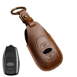 HIBEYO Key Fob Cover Key for Subaru Outback Ascent Forester Crosstrek Legacy with Leather Keychains Accessorie Key Shell 2022, 3 Button Brown, 3 Button