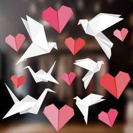 Stickers4 Valentines Window Stickers - Origami Style Red Heart Window Stickers with White Love Birds - Valentines Decorations