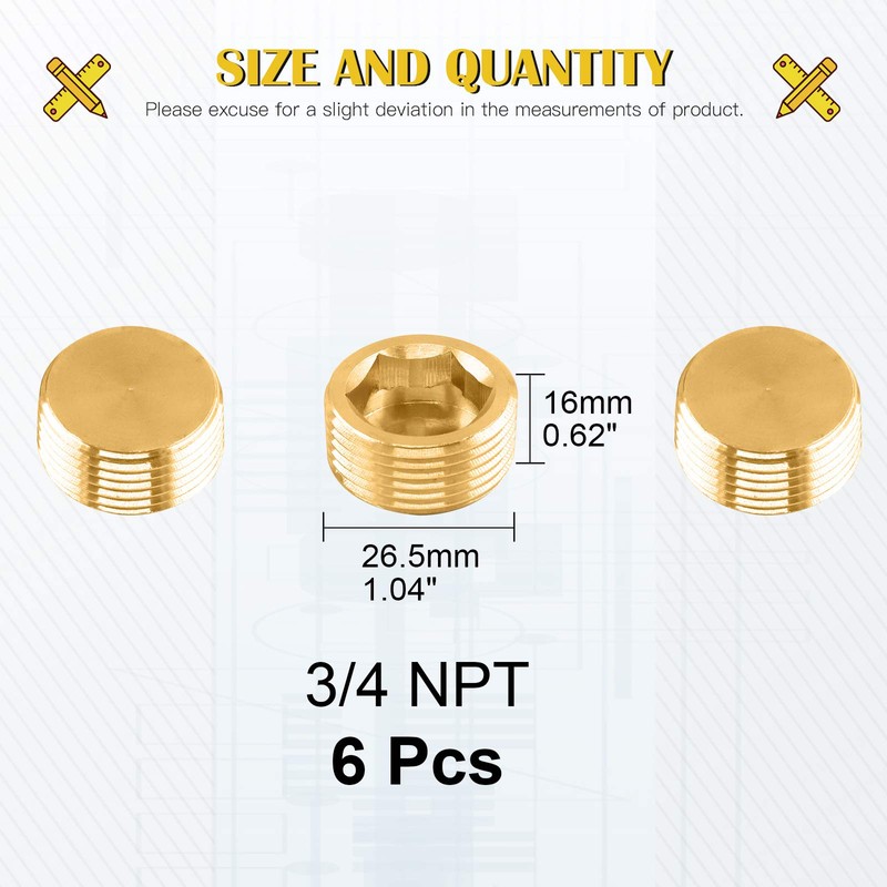 Mardatt 6Pcs 3/4" Brass NPT Plug, Internal Hex Counter Sunk