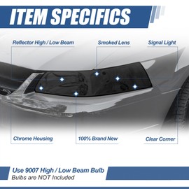 Auto Dynasty Factory Style Halogen Headlights Assembly Headlamp Kit Compatible with Ford Mustang 1999-2004 New Edge 4th Gen, Pair, Chrome Housing, Smoke Lens