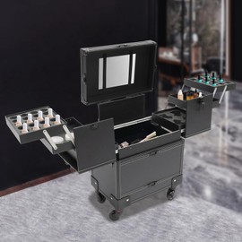 Rolling Makeup Train Case, Aluminum Cosmetic Trolley Organizer with Sliding Drawers, Barber Case with Key Swivel Wheels, Travel Cosmetic Organizer for Hair Stylists,Pet Groomers,Makeup Artists, Black