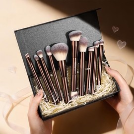 MAANGE 10 Piezas Set de Brochas para Maquillaje con Estuche de Regalo, Brochas de Maquillaje Profesionales de Mango Corto de Aluminio para Base, Polvo