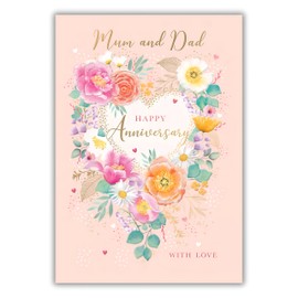 Mum and Dad Anniversary Card - Romantic Floral Love Heart Design - Made in the UK - Eco-Friendly