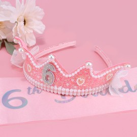 Chanaco 6 Year Old Girl Birthday Gift Idea 6th Birthday Crown and Sash Decorations Pink Bow Outfit for Party Favor Princess Tiara Headband Set