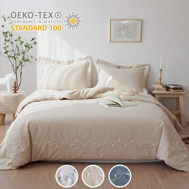 BISELINA French Linen Duvet Cover Set 3pcs Embroidered Willow Leaf