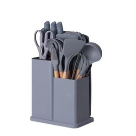 SV Home & Deco All-in-One 19-Piece Kitchen Utensils and Knife Set: 14 Cooking Utensils + 5 Essential Kitchen Knives for a Complete Culinary Experience (Grey), SMALL, Gray, N0516