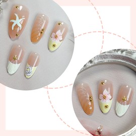 HOSAILY 3D Yellow Flower Press on Nails Medium Almond, Gold Starfish Charm Summer Beach Press ons for Women, 24pcs Glossy Pretty Reusable Semi-Homemade Soft Gel Full Cover Stick on Fake Acrylic Nails