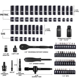 NOEAIKE 95Pcs 3/8-Inch Drive Impact Socket Set,Cr-V Deep&Shallow Sockets Size 8mm-22mm&5/16"to 3/4"6-Point,Includes Extension Bar,Universal Joint,Screwdriver Bits,Spark Plug Socket and Ratchet Handle