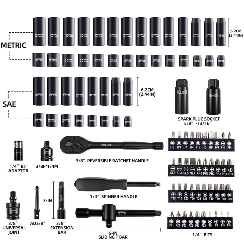 NOEAIKE 95Pcs 3/8-Inch Drive Impact Socket Set,Cr-V Deep&Shallow Sockets Size