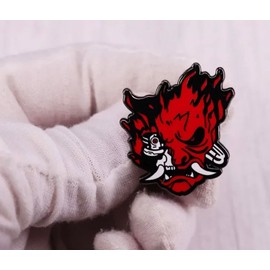 Samurai Warrior Men-Yoroi Flaming Fire Demon Face Mask Tusks Horns Sword Feudal Japan Japanese Rising Sun 1.2" Enamel Pin Badge