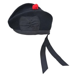 Kilt Emporium Scottish Piper Glengarry Hat Pure Wool Military Cap with Red Pom Pom Breathable Lined Comfortable Fit, Black, 7