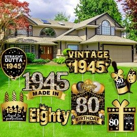 cocomigo 8pcs Black Gold 80th Birthday Yard Signs, 80th Birthday Decorations, Lawn Signs with Stakes Made in 1945 Outdoor Lawn Sign Birthday Yard Decorations for Men Women Party Supplies