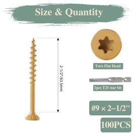 GOHODOMINO Wood Screws #9×2-1/2", 100 Pcs, Deck Screws, Rust Resistant, Exterior Epoxy Coated, Outdoor Decking Screws, Torx/Star Drive Head Deck Screw, 1 Pcs T25 Star Bit Included, Tan