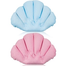 2 Pieces Inflatable Bath Pillow with Suction Cups, Terry Cloth Covered Bath Pillow Shell Shape Bathtub Spa Pillow Comfortable Soft Bath Cushion, Neck Support for Bathtub, Hot Tub, Home Spa Tub