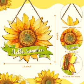 JUESMOS Hello Summer Door Sign 11.5" Sunflower Welcome Sign for Front Door Decor Farmhouse Wreaths Hello Summer Hanger for Porch Home Wall Indoor Outdoor Decorations