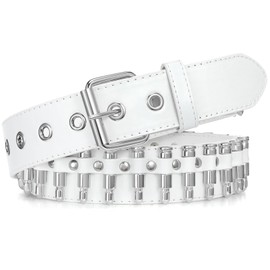 SUOSDEY Black Studded Belt,Y2K Silver Metal Grommet Belt for Men Women Punk Rock Style for Jeans Pants (A-White, 32-38)