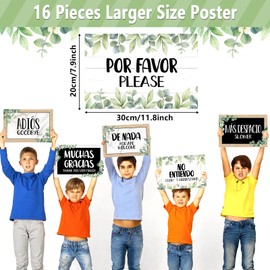 gisgfim 16 Pcs Spanish Words and Phrases Poster Set Spanish Phrases Bulletin Board Study Spanish Classroom Decoration for Teachers Preschool School Classroom Language Educational Decor(Eucalyptus)