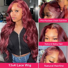 Burgundy Lace Front Wigs Human Hair 99j Body Wave 13x4 HD Lace Front Wigs Human Hair 180% Density Wine Red Colored Wig Glueless Burgundy Body Wave Frontal Wigs Human Hair Wigs For Women 20 Inch