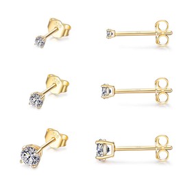 EPIRORA Sterling Silver Stud Earrings for Women- 3 Pairs Tiny Ball Stud Earrings Round CZ Cubic Zirconia Earrings Set Cartilage Small Tragus Earrings(2mm,3mm,4mm) (CZ earrings(2mm,3mm,4mm)- Gold)