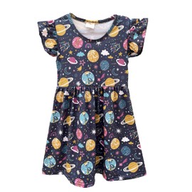 nebljgo Little Girls Dress Flutter Sleeve Toddler Baby Girl Sundress Summer Apparel Space Planets Pearl Dress (3/4T) White