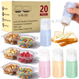 CUNLU 16Set Double Compartment Snack Containers with Lids,Snack Pack Containers for Kids & Adults, 4pcs Silicone Condiment Squeeze Bottles,Leakproof Sauces Container, Salad Dressing Container