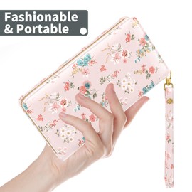 Nipichsha Womens Wallet, RFID Wristlet Wallet for Women, Cute Ladies Purse, Large Credit Card Clutch Wallets with Zipper & Phone Holder, Pink Flowers