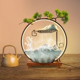 WUSILILU Tabletop Water Fountain with LED Light Ring, Indoor Waterfall Mist Desk Fountain Humidifier, Relaxation Desktop Fountain Decor with Atomizer Incense Holder, Rockery 13.8 * 5.5 * 15 in