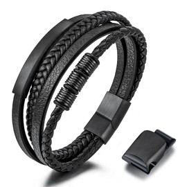 Gkmamrg Gifts for Men Men's Leather Bracelet Black Leather Band Braided Genuine Leather Wide Learner Bracelet Wrap Bracelet with Magnetic Clasp, Leather
