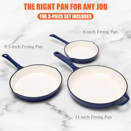 Nonstick Enameled Cast Iron Cookware - 3 enameled cast iron skillet 8-Inch, 9.5" Frying Pan & 11-Inch Large Cookware, Healthy Non Toxic Cooking Pan, PFOA PFAS PTFE Free, Navy