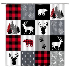 FGYGYK Christmas Buffalo Plaid Shower Curtain Bear Deer Rustic Cabin Snowflake Xmas Tree Winter Holiday Lodge Farmhouse Polyester Curtains Bathroom Decor with Hooks 70" Wx70 H