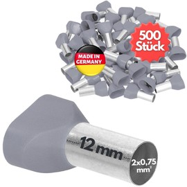 Kalitec AET07512GR Twin Wire End Ferrules Insulated 2 x 0.75 mm² 12 mm Long Grey I Made in Germany I Industrial Quality Pack of 500