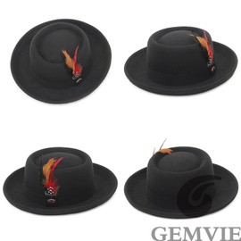 GEMVIE Pork Pie Hats for Men Womens Roll Brim Felt Fedora Pork Pie Hat with Feather Prokpie Hats for Unisex Black