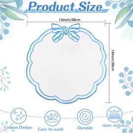 6 Set Round Placemats 15 Inch Cotton Linen Scalloped Embroidered Placemats Bow Double Layered Table Mats Washable Table Dinner Decor for Hotel Restaurant Weddings Thanksgiving Daily Parties(Blue)