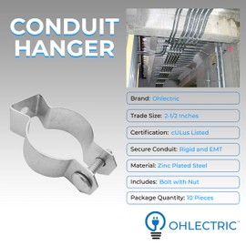 OHLECTRIC OL-55394 Zinc Plated Steel 2-1/2" EMT Conduit Hanger with Bolt- Ideal for Rigid and EMT Conduit Mounting to Surfaces, Insulated Supports or Threaded Rods